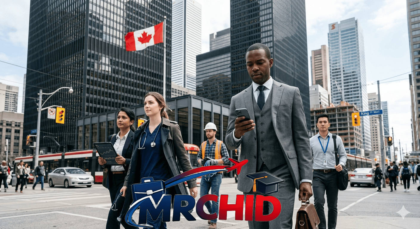 مجموعة من المهنيين في كندا يرتدون ملابس العمل الرسمية والطبية والهندسية في وسط مدينة كندي مع العلم الكندي، تعبر عن أعلى الوظائف أجراً في كندا لعام 2026 mrchid.com