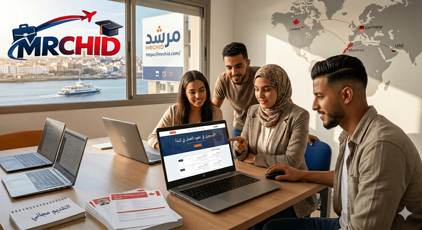 مجموعة شباب يتصفحون موقع مرشد mrchid للبحث عن طرق التسجيل في عقود العمل في كندا 2026 مع وجود نماذج سيرة ذاتية كندية على المكتب