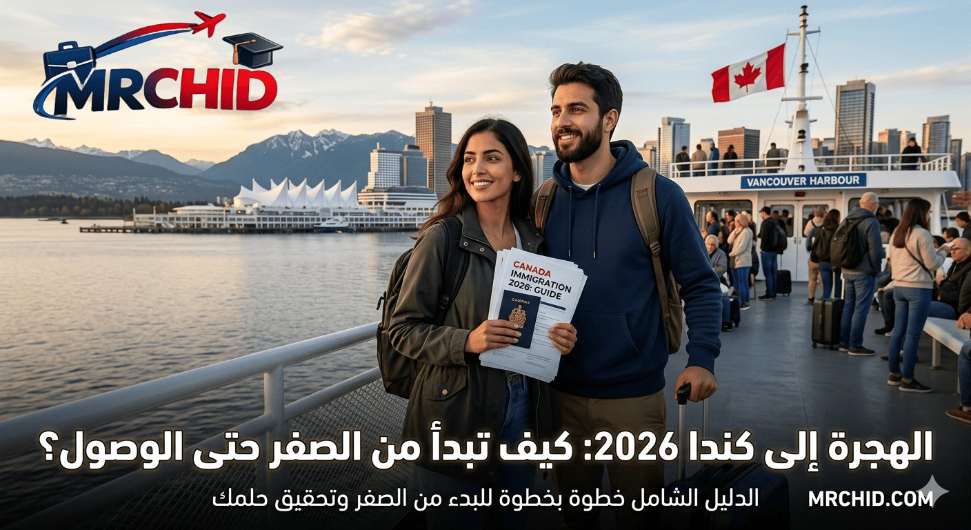 شاب وشابة مبتسمان يحملان أوراق التقديم للهجرة عند وصولهما إلى ميناء فانكوفر في كندا، مع ظهور العلم الكندي وأفق المدينة، تعبيراً عن رحلة الهجرة إلى كندا لعام 2026 من البداية حتى الوصول.
