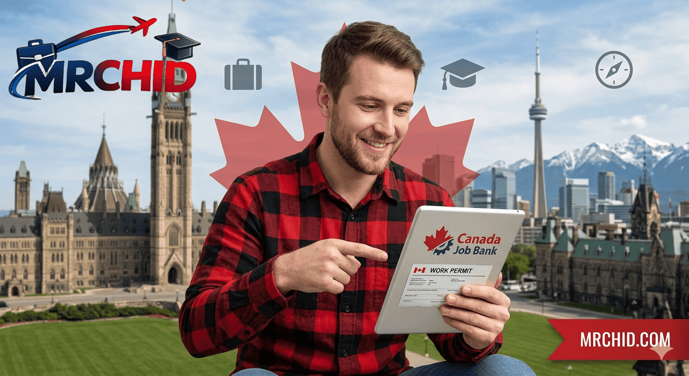 رجل مبتسم يرتدي قميصاً بنقشة المربعات ويشير إلى جهاز لوحي يعرض معلومات عن 'كندا جوب بانك' (Canada Job Bank) وتصريح العمل (Work Permit)، مع خلفية تضم معالم كندية بارزة مثل برج السلام (برلمان كندا) والبرج الوطني الكندي (CN Tower) والجبال الثلجية. mrchid.com