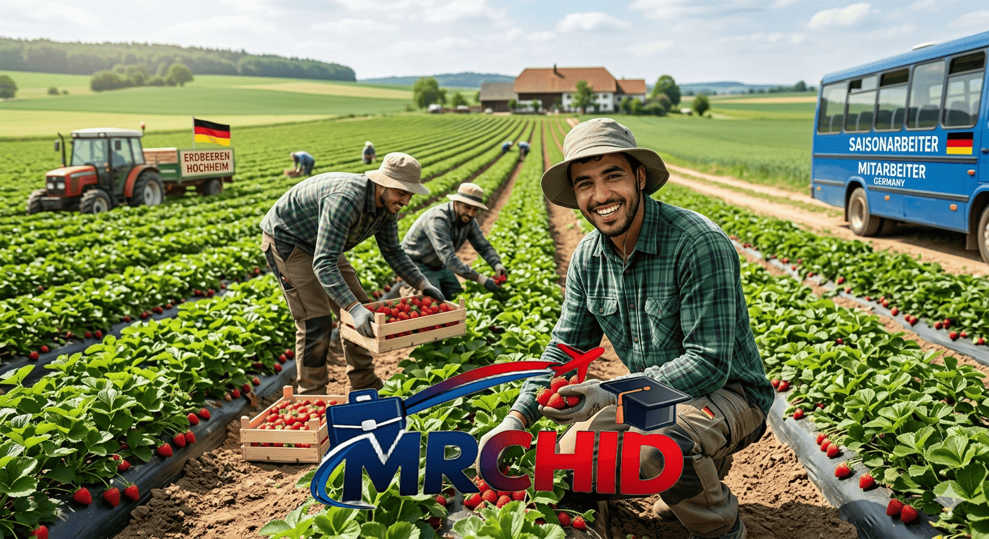 Strawberry picking in a field. العمل في ألمانيا 2026 للمغاربة بدون شهادة mrchid.com